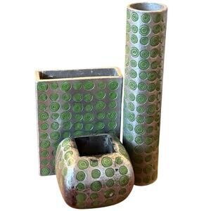VTG Celia Landman Green Silver Metal Dot Pattern Vases Desk Organizers Set of 3